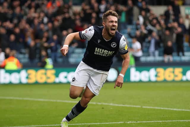 KEY THREAT: Millwall's no 9, striker Tom Bradshaw, pictured celebrating his side's second goal in the 2-1 victory against Leeds United at The Den in October. Photo by Christopher Lee/Getty Images.