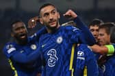 Hakim Ziyech of Chelsea celebrates after scoring  (Photo by David Lidstrom/Getty Images)