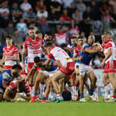Leeds Rhinos and St Helens players clash. 