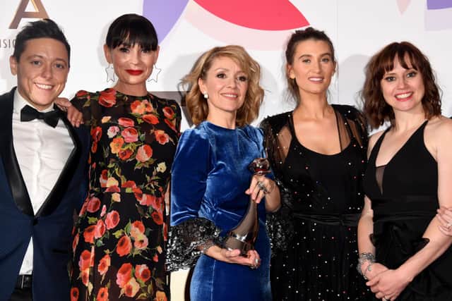 The cast and crew of "Emmerdale" winner of the Best Serial Drama award,  during the National Television Awards held at The O2 Arena on January 22, 2019