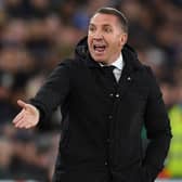 Leicester City's Northern Irish manager Brendan Rodgers gestures on the touchline during the UEFA Conference League semi-final first leg football match between Leicester City and Roma 