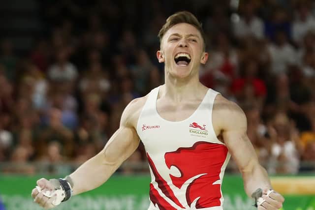 Nile Wilson of England celebrates after his routine in the MenÃs Horizontal Bar Final during Gymnastics on day five of the Gold Coast 2018 Commonwealth Games 