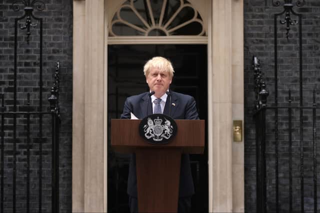 Prime Minister Boris Johnson addresses the nation as he announces his resignation outside 10 Downing Street, on July 7, 2022 in London, England.  (Photo by Dan Kitwood/Getty Images)