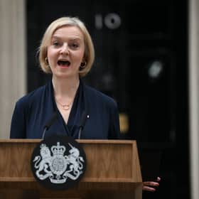 Britain’s Prime Minister Liz Truss delivers a speech outside of 10 Downing Street in central London on October 20, 2022 to announce her resignation.  (Photo by Daniel LEAL / AFP) (Photo by DANIEL LEAL/AFP via Getty Images)