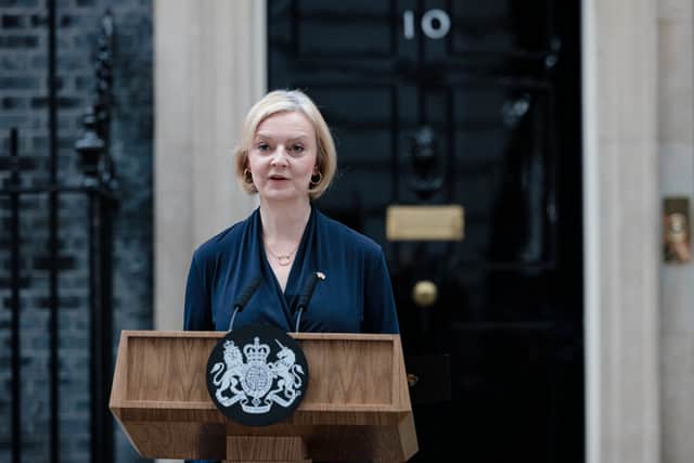 Prime Minister Liz Truss delivers her resignation speech at Downing Street on October 20, 2022 in London, England. Liz Truss has been the UK Prime Minister for just 44 days and has had a tumultuous time in office. Her mini-budget saw the GBP fall to its lowest-ever level against the dollar, increasing mortgage interest rates and deepening the cost-of-living crisis. She responded by sacking her Chancellor Kwasi Kwarteng, whose replacement announced a near total reversal of the previous policies. Yesterday saw the departure of Home Secretary Suella Braverman and a chaotic vote in the House of Commons chamber. (Photo by Rob Pinney/Getty Images)