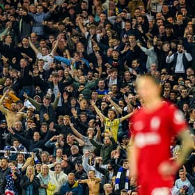 Leeds United fans celebrate a huge win at Liverpool. 