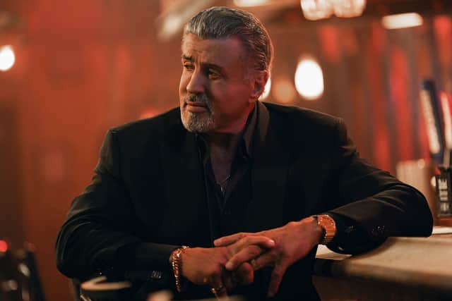 Sylvester Stallone as Dwight Manfredi in Tulsa King, with slicked back silver hair and a neat goatee (Credit: Brian Douglas/Paramount+)