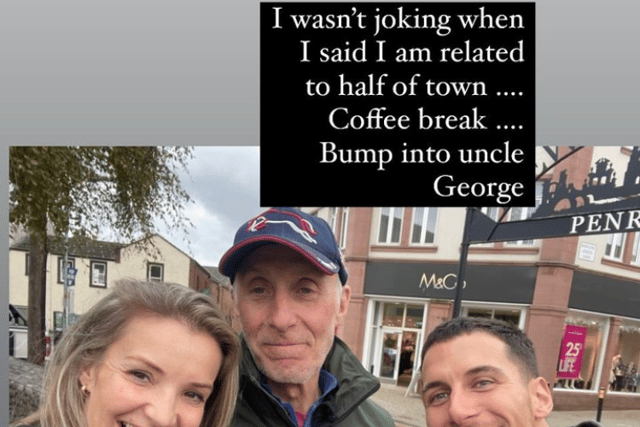 Helen Skelton and Gorka Marquez with Helen’s uncle George, in Penrith, Cumbria. (Credit @helenskelton Instagram)