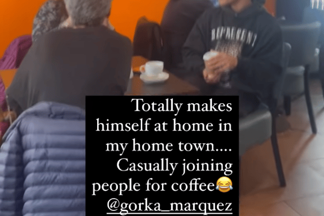 Strictly Come Dancing professional Gorka Marquez having a coffee with locals in the New Square Café in Helen Skelton’s hometown of Penrith. (Credit @helenskelton Instagram)