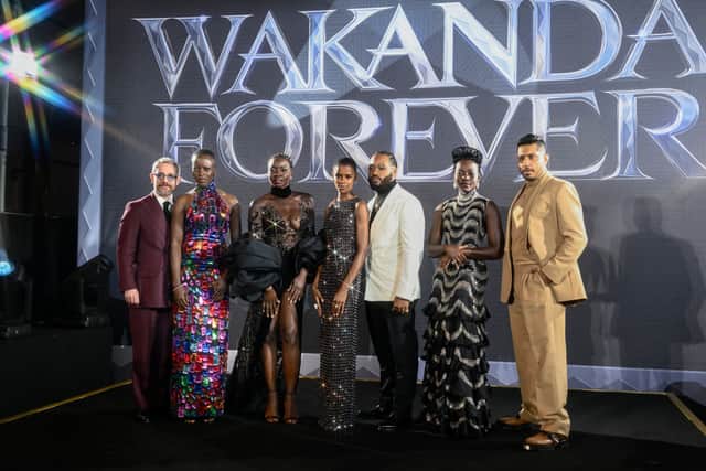 Martin Freeman, Florence Kasumba, Danai Gurira, Letitia Wright, Ryan Coogler, Lupita Nyong'o and Tenoch Huerta at the European Premiere of Marvel Studios' "Black Panther: Wakanda Forever" on 3 November. (Photo by Gareth Cattermole/Getty Images for Disney)