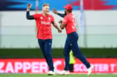 Chris Jordan is congratulated by Ben Stokes 