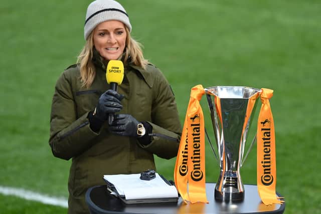 Gabby Logan, BBC Sport presenter looks on prior to the FA Women's Continental Tyres League cup final match between Chelsea women and Manchester City women at The Cherry Red Records Stadium on March 05, 2022 in Wimbledon, England. (Photo by Justin Setterfield/Getty Images)