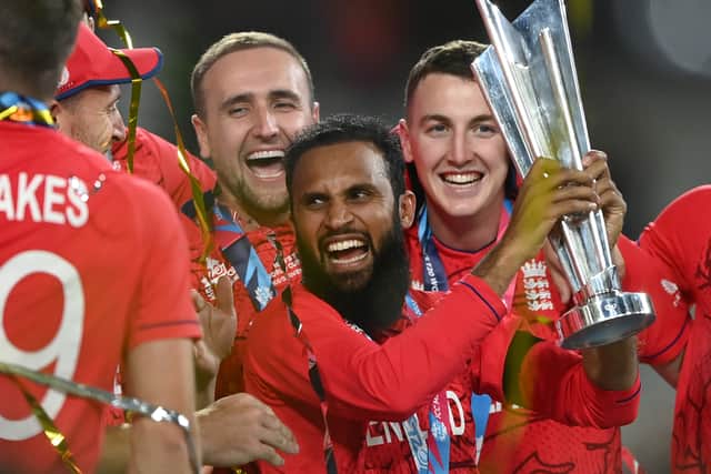 Adil Rashid with the ICC Men’s T20 World Cup Trophy (Photo: Quinn Rooney/Getty Images