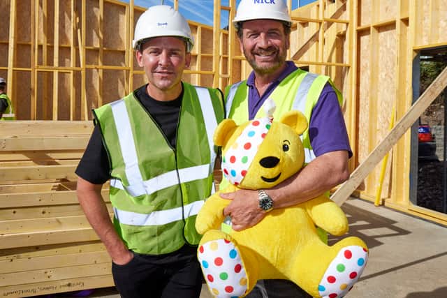 Radio 2s Scott Mills joins Nick Knowles on the first day of the DIY SOS Children in Need build in Leeds