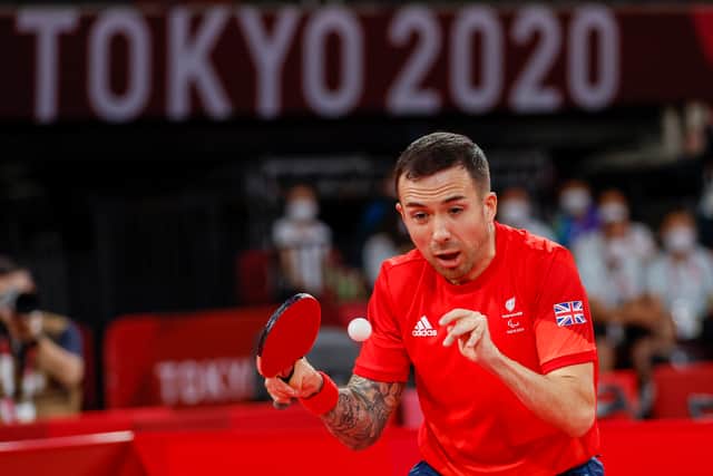 Will Bayley of Team Great Britain competes with Yan Shuo of Team China in mens singles class 7 gold medal match table tennis on day 5 of the Tokyo 2020 Paralympic Games at Tokyo Metropolitan Gymnasium on August 29, 2021 in Tokyo, Japan. (Photo by Tasos Katopodis/Getty Images)