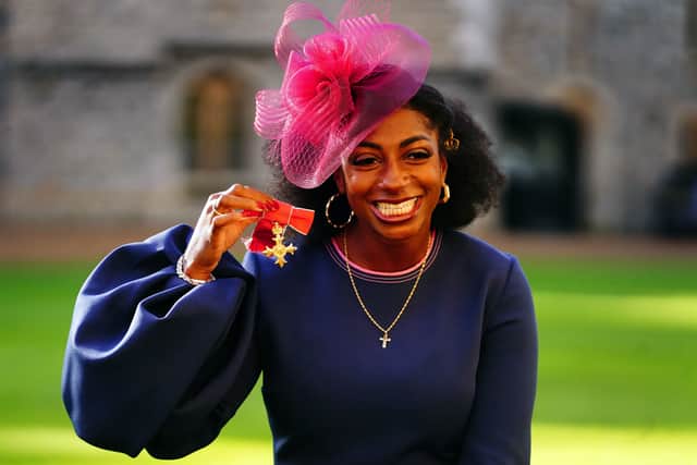 Kadeena Cox after being made an Officer of the Order of the British Empire for services to athletics and cycling by King Charles III during an Investitures 2022 at Windsor Castle on November 16, 2022 in Windsor, England. (Photo by Victoria Jones - Pool/Getty Images)