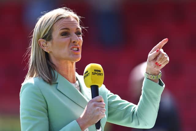 BBC presenter Gabby Logan during the Barclays FA Women's Super League match between West Ham United Women and Arsenal Women at Chigwell Construction Stadium on May 8, 2022 in Dagenham, United Kingdom. (Photo by Marc Atkins/Getty Images)