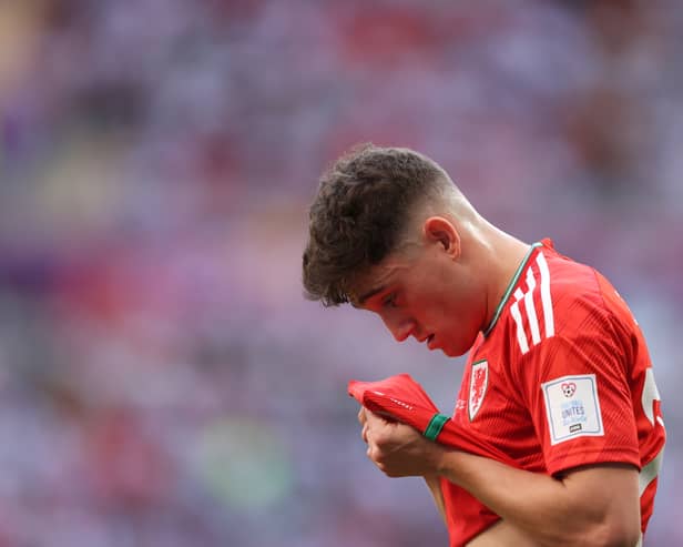Daniel James of Wales reacts during the FIFA World Cup Qatar 2022 Group B match against Iran (Photo by Julian Finney/Getty Images)