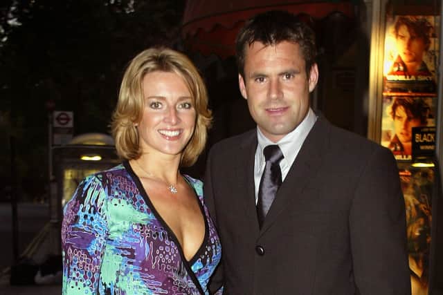Television presenter Gabby and her rugby player husband Kenny Logan arrive for the launch party for Eden Park at The Wellington Club September 19, 2002 in London, England.  (Photo by Scott Barbour/Getty Images)  