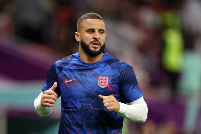  Kyle Walker of England warms up prior to the FIFA World Cup Qatar 2022 Group B match between Wales and England at Ahmad Bin Ali Stadium on November 29, 2022 in Doha, Qatar. (Photo by Francois Nel/Getty Images)