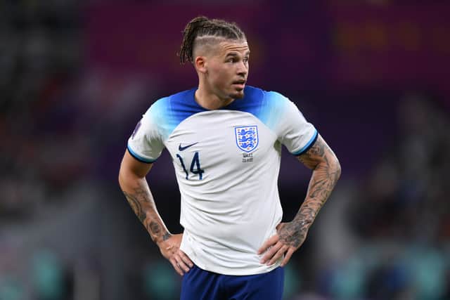 Kalvin Phillips of England  during the FIFA World Cup Qatar 2022 Group B match between Wales and England at Ahmad Bin Ali Stadium on November 29, 2022 in Doha, Qatar. (Photo by Justin Setterfield/Getty Images)