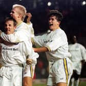 The Whites celebrate Lee Bowyer’s winner in a dramatic 4-3 victory over Derby County in November 1997.