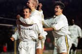 The Whites celebrate Lee Bowyer’s winner in a dramatic 4-3 victory over Derby County in November 1997.