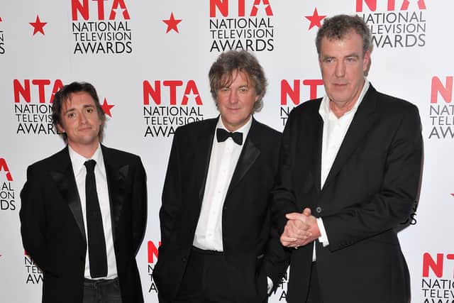 TV Presenters Richard Hammond, James May and Jeremy Clarkson who won the Most Popular Factual Programme for Top Gear during the National Television Awards at the O2 Arena on January 26, 2011 in London, England.  (Photo by Gareth Cattermole/Getty Images)