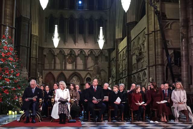 King Charles III, Camilla, Queen Consort, Prince William, Prince of Wales, Prince George, Princess Charlotte, Catherine, Princess of Wales and Sophie, Countess of Wessex during the 'Together at Christmas' Carol Service at Westminster Abbey on December 15, 2022 in London, England.  The service will be broadcast on ITV1 on Christmas Eve as part of a Royal Carols: Together At Christmas programme, narrated by Catherine Zeta Jones and featuring an introduction by Kate and tributes to Queen Elizabeth II. (Photo by Yui Mok - Pool/Getty Images)