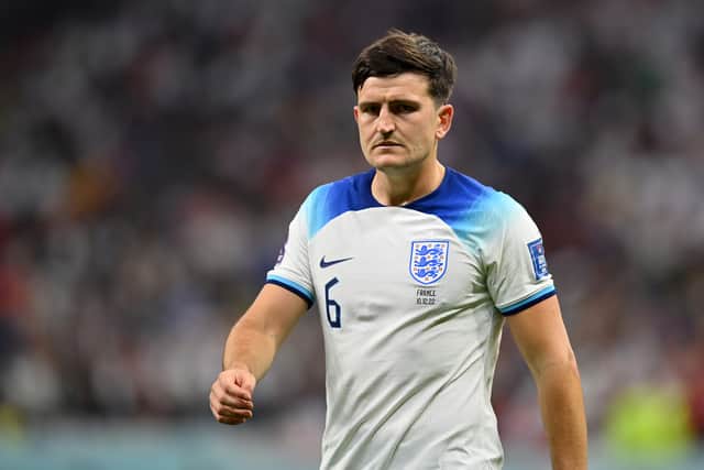 Harry Maguire of England looks on during the FIFA World Cup Qatar 2022 quarter final match between England and France at Al Bayt Stadium on December 10, 2022 in Al Khor, Qatar. (Photo by Dan Mullan/Getty Images)