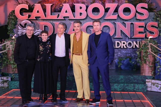  (L-R) Jeremy Latcham, Sophia Lillis, Hugh Grant, Chris Pine and Jonathan Goldstein at the Mexico City premiere of ‘Dungeons & Dragons: Honor Among Thieves’ on March 29, 2023. (Photo by Antonio Torres/Getty Images for Paramount Pictures)