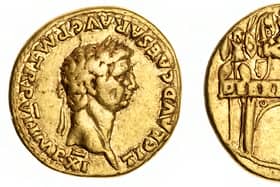 The gold aureus celebrating the conquest in AD 43 was uncovered among the ruins of a suburb five kilometres north of the archaeological site in southern Italy’s Campania region.