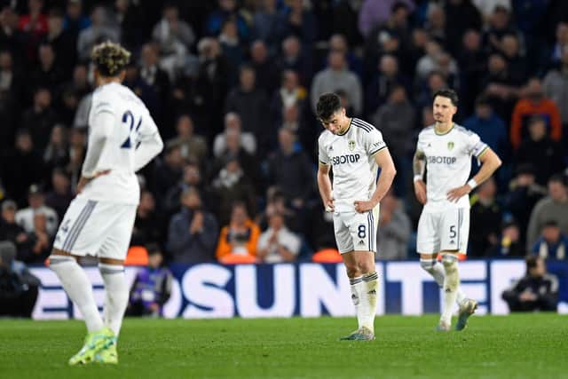 Leeds United players look dejected during 6-1 loss to Liverpool in the Premier League