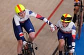 Britain's Katie Archibald (L) and Laura Kenny celebrate after winning in the women's track cycling Madison final (Photo by ODD ANDERSEN/AFP via Getty Images)