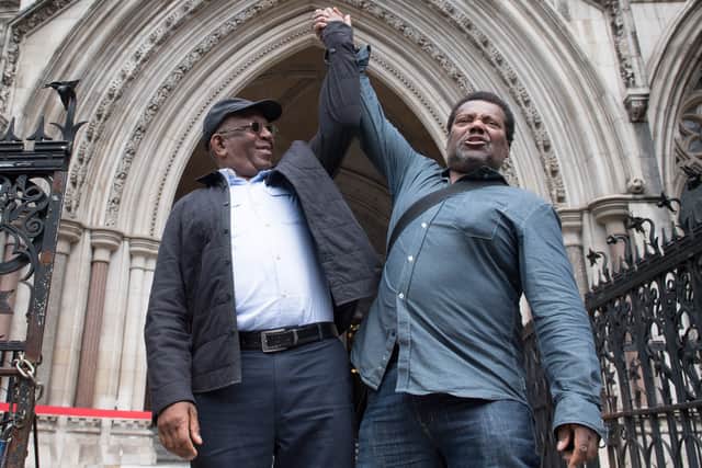 Paul Green (left) and Cleveland Davidson outside the Royal Courts of Justice in London, where the pair have had their convictions overturned by the Court of Appeal (Photo: PA)