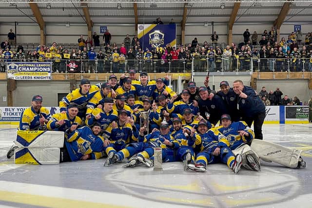 CHAMPIONS: Leeds Knights’ players celebrate winning the regular season league title at Telford in April. 