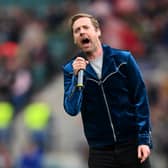 Lead Singer of the Kaiser Chiefs, Ricky Wilson performs ahead of  the Gallagher Premiership Rugby match between Harlequins and Bath Rugby at Twickenham Stadium on April 22, 2023 in London, England. (Photo by Alex Davidson/Getty Images)