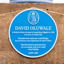 The David Oluwale blue plaque as seen on Leeds Bridge.