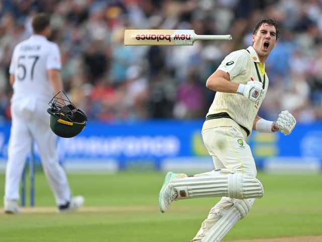  Australia batsman Pat Cummins celebrates after scoring the winning runs during day five of the LV= Insurance Ashes 1st Test Match between England and Australia at Edgbaston on June 20, 2023 in Birmingham, England. (Photo by Stu Forster/Getty Images)