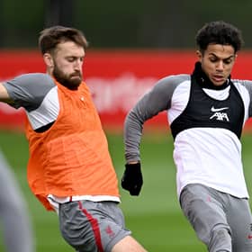 Fabio Carvalho, right, in Liverpool training. Picture: Andrew Powell/Liverpool FC via Getty Images