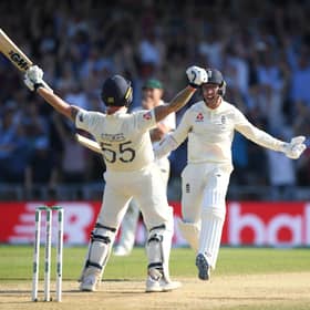 England batsman Ben Stokes and Jack Leach celebrate victory in the test match by 1 wicket after Stokes had hit the winning runs during day four of the 3rd Ashes Test Match between England and Australia at Headingley on August 25, 2019 in Leeds, England. (Photo by Stu Forster/Getty Images)