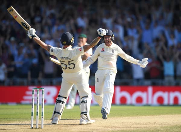England batsman Ben Stokes and Jack Leach celebrate victory in the test match by 1 wicket after Stokes had hit the winning runs during day four of the 3rd Ashes Test Match between England and Australia at Headingley on August 25, 2019 in Leeds, England. (Photo by Stu Forster/Getty Images)