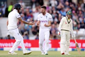 Mark Wood of England celebrates dismissing Australia captain Pat Cummins during Day One of the LV= Insurance Ashes 3rd Test Match between England and Australia at Headingley on July 06, 2023 in Leeds, England. (Photo by Richard Heathcote/Getty Images)