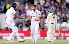 Mark Wood of England celebrates dismissing Australia captain Pat Cummins during Day One of the LV= Insurance Ashes 3rd Test Match between England and Australia at Headingley on July 06, 2023 in Leeds, England. (Photo by Richard Heathcote/Getty Images)