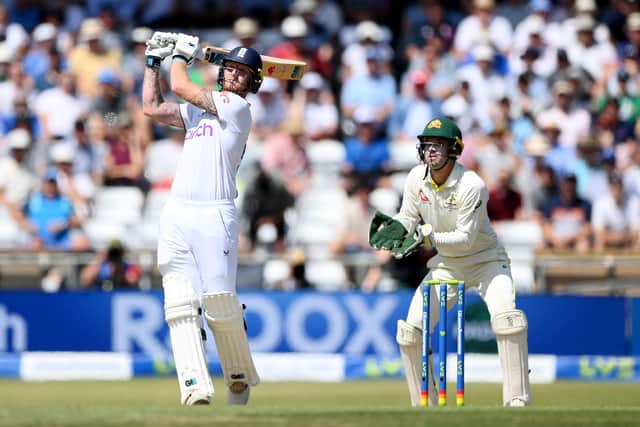 England captain Ben Stokes hits out for six runs watched by Australia wicketkeeper Alex Carey during Day Two of the LV= Insurance Ashes 3rd Test Match between England and Australia at Headingley on July 07, 2023 in Leeds, England. (Photo by Stu Forster/Getty Images)