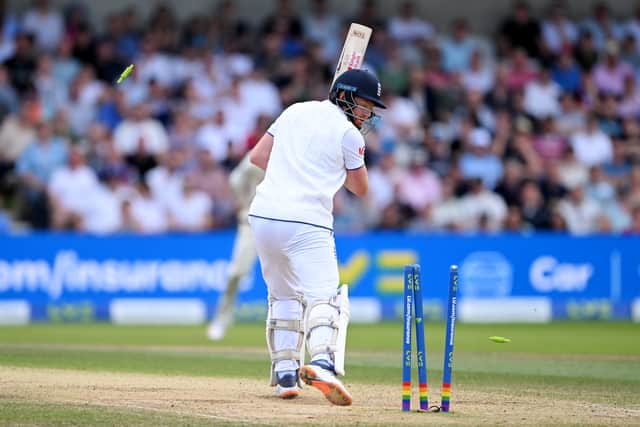 LEEDS, ENGLAND - JULY 09: Jonny Bairstow of England is bowled by Mitchell Starc of Australia (not pictured) during Day Four of the LV= Insurance Ashes 3rd Test Match between England and Australia at Headingley on July 09, 2023 in Leeds, England. (Photo by Stu Forster/Getty Images)