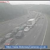 Congestion on M62 near Leeds following a heavy goods vehicle fire. Picture by National Highways / Motorway Cameras