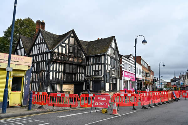 The Greyhound and Punch Bowl on Bilston High Street was badly damaged by fire, which police are treating as arson. 1st October 2023.  See SWNS story SWLNpub. Another historical 'wonky' pub has been hit by a suspected arson attack - just five miles from the Crooked House. (Credit: SWNS)