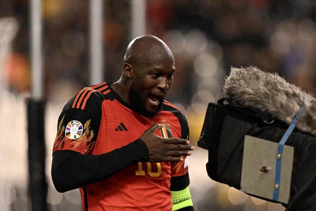 Romelu Lukaku celebrates scoring his team's fourth goal during the UEFA Champions League Qualifying Group F football match between Belgium and Azerbaijan at The King Baudouin Stadium (Photo by JOHN THYS/AFP via Getty Images)