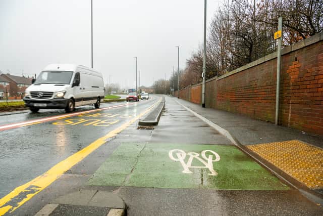 General view of the cycleway on Stanningley Road, Leeds, where an e-bike rider has died after losing control and crashing into a sign (Photo by James Hardisty)